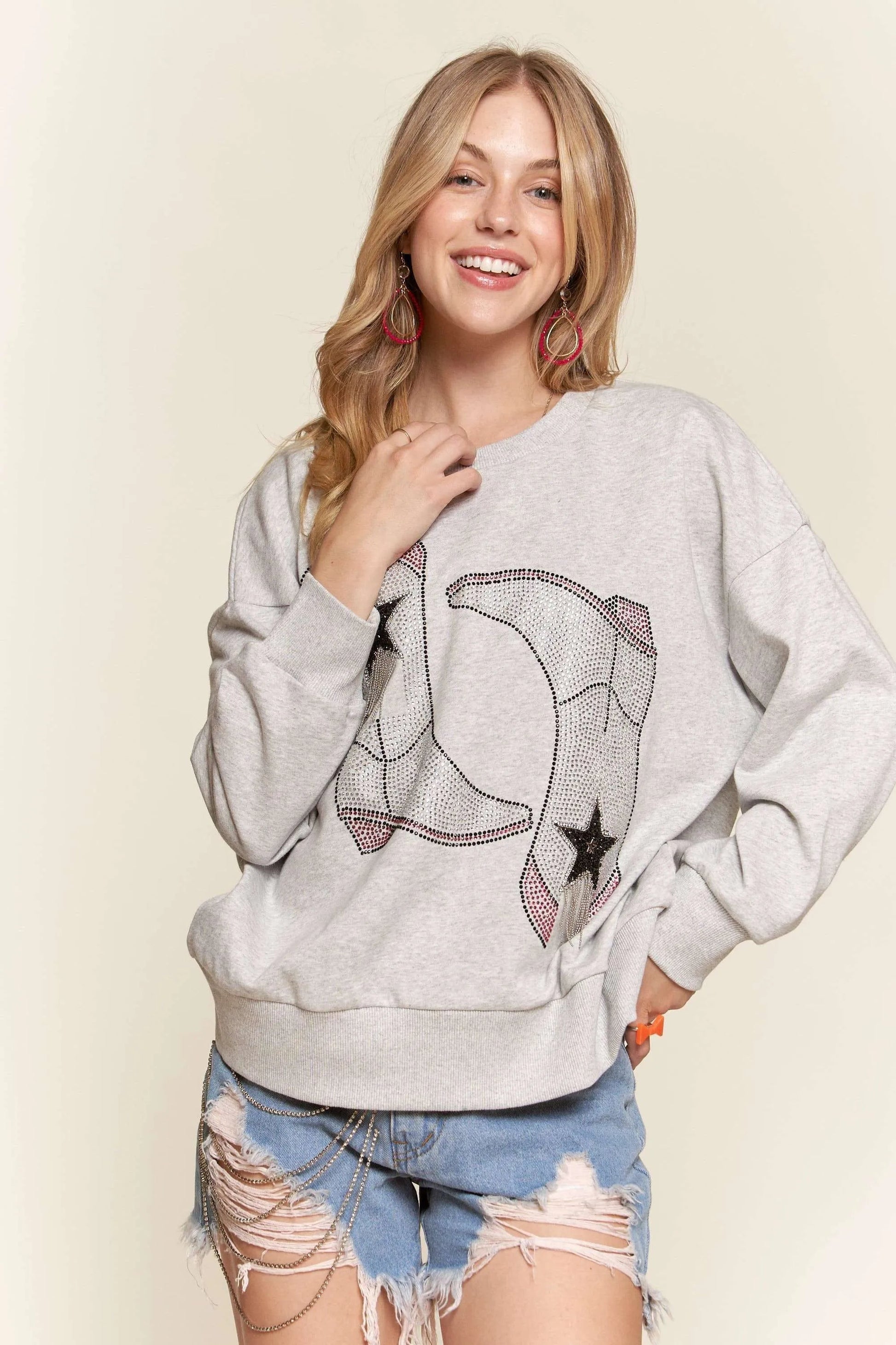 ADORA - Rhinestone Cowboy Boot Sweatshirt in Heather Gray