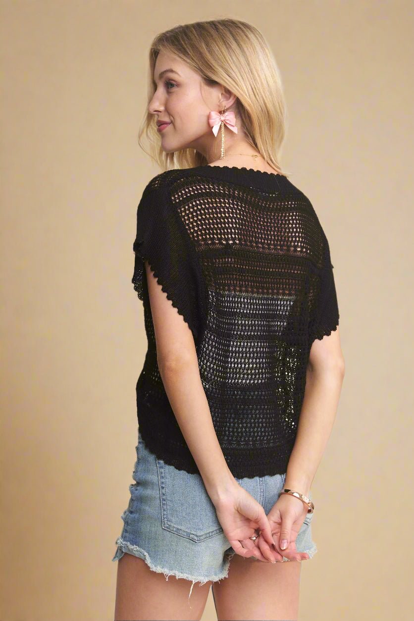 ADORA - Ruched Front Crochet Crop Top in Black