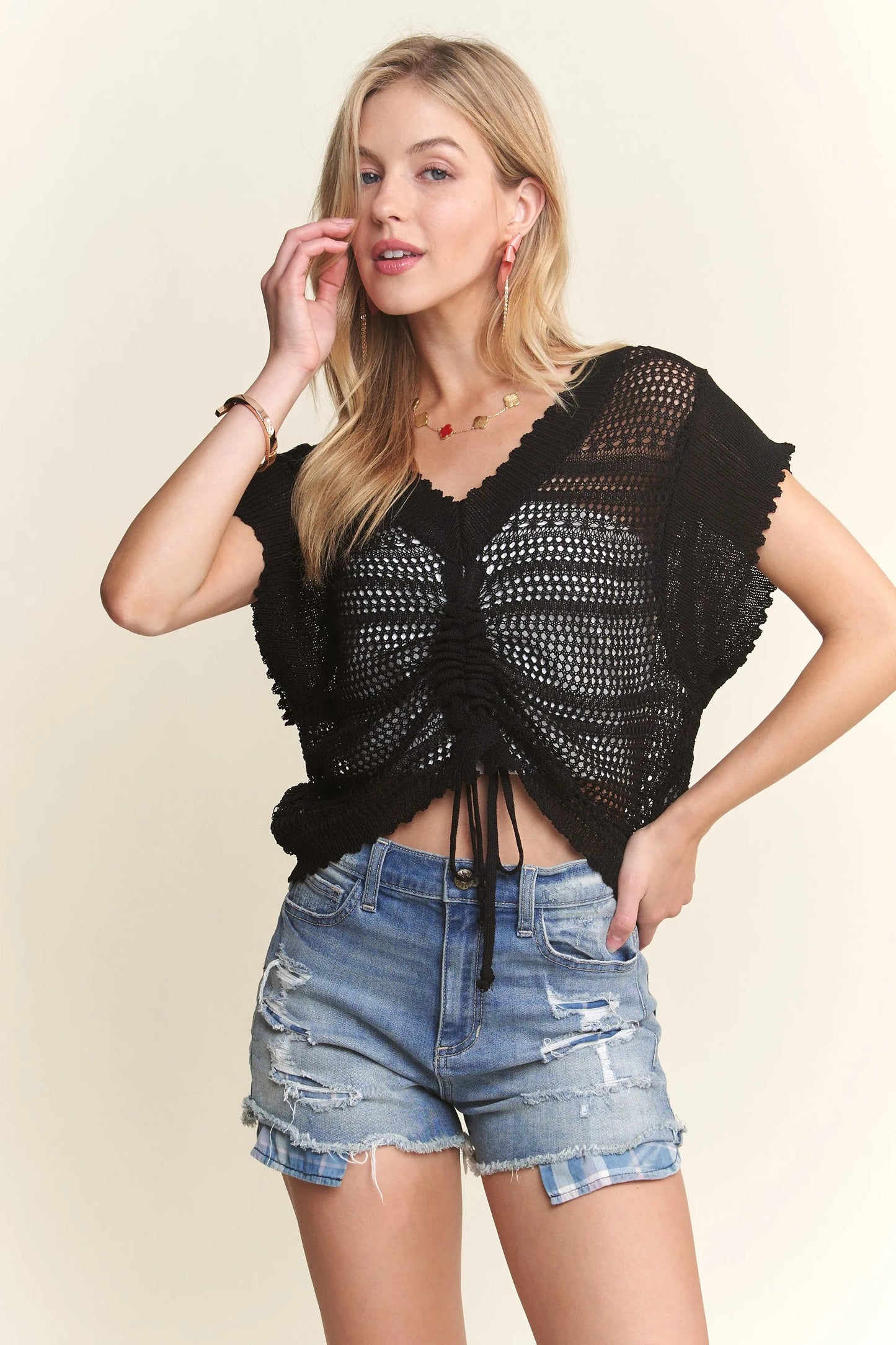 ADORA - Ruched Front Crochet Crop Top in Black