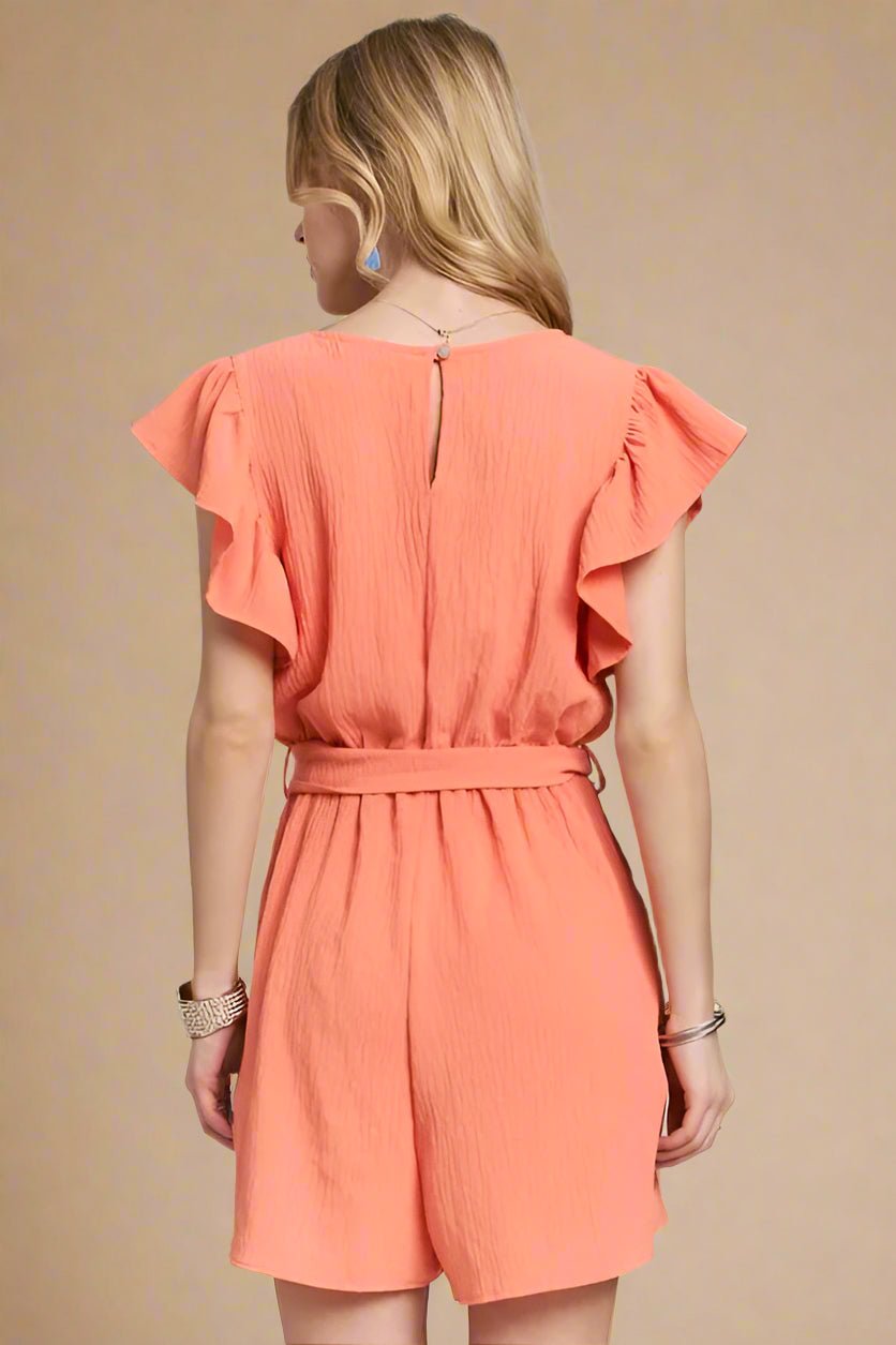 ADORA - Ruffle Sleeve Belted Romper – Coral Peach