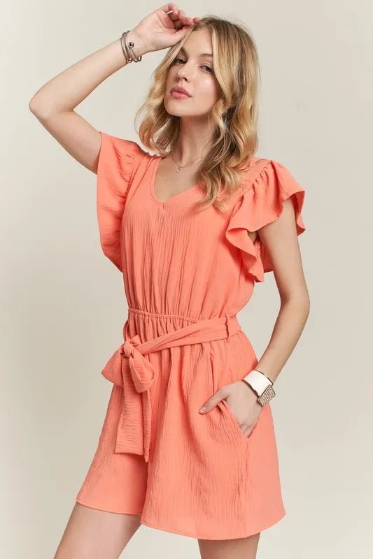 ADORA - Ruffle Sleeve Belted Romper – Coral Peach