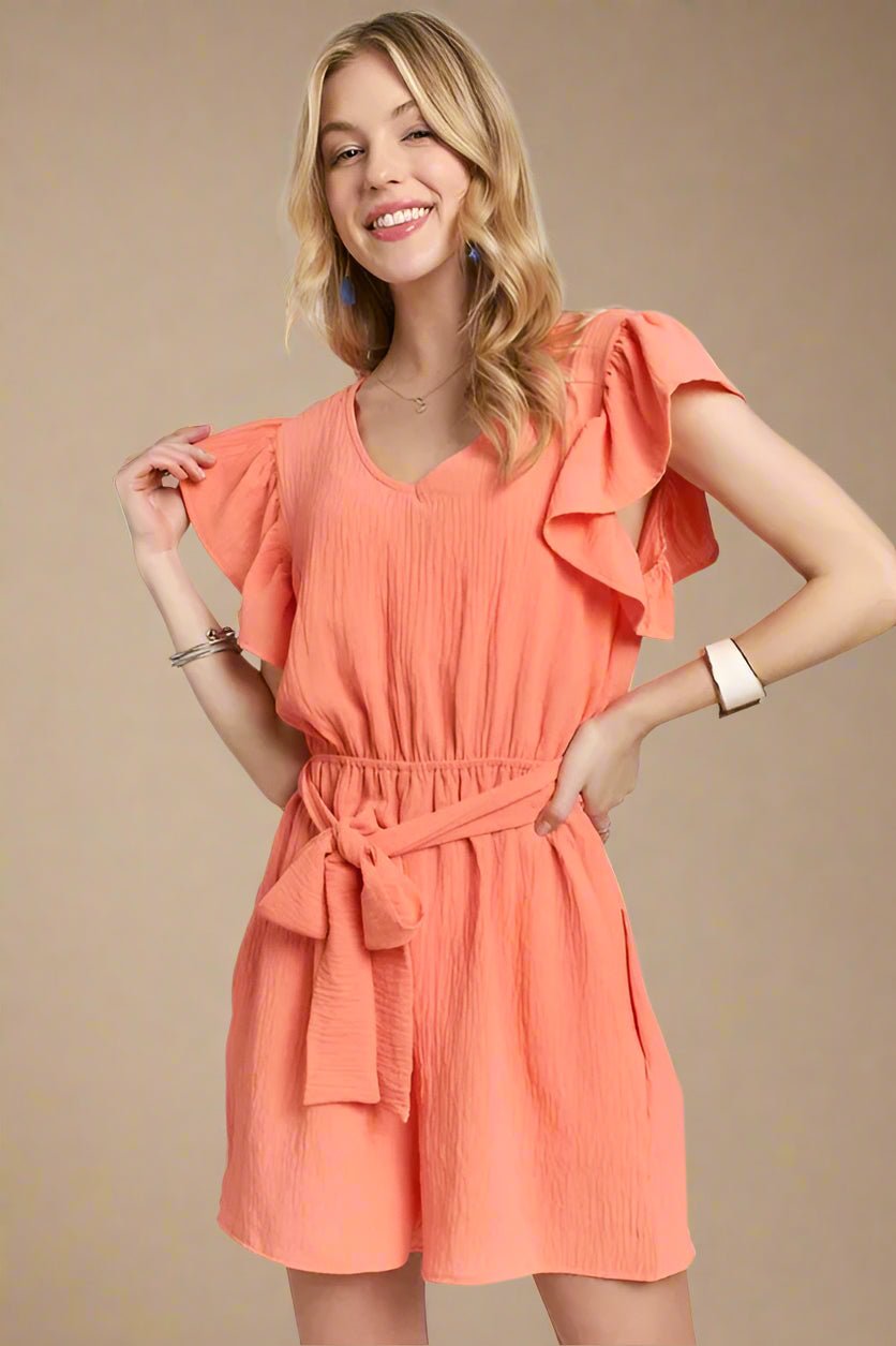 ADORA - Ruffle Sleeve Belted Romper – Coral Peach