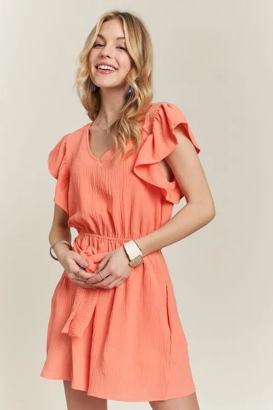 ADORA - Ruffle Sleeve Belted Romper – Coral Peach