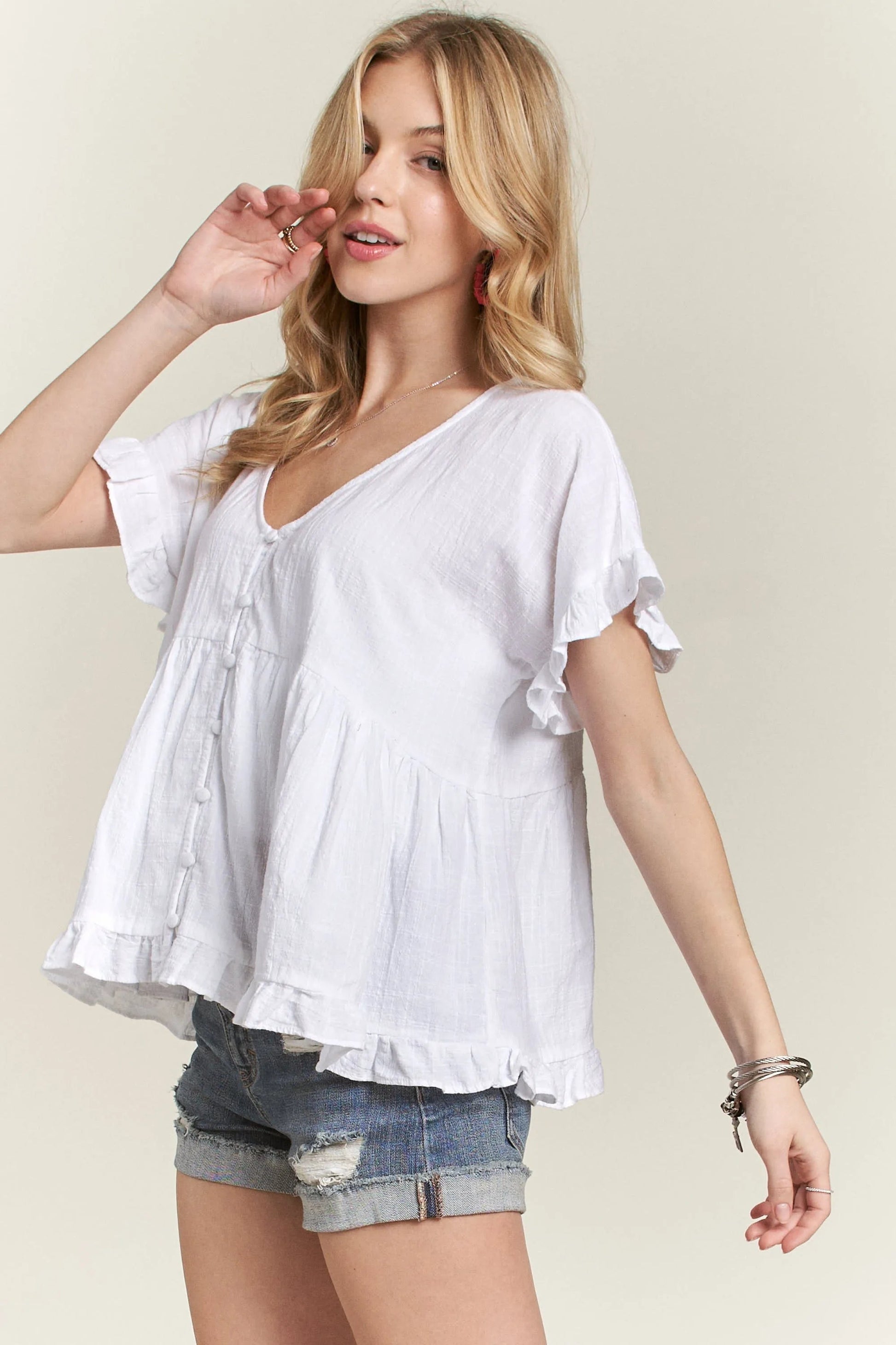 ADORA - Ruffle Sleeve Button Front Gauze Blouse in White