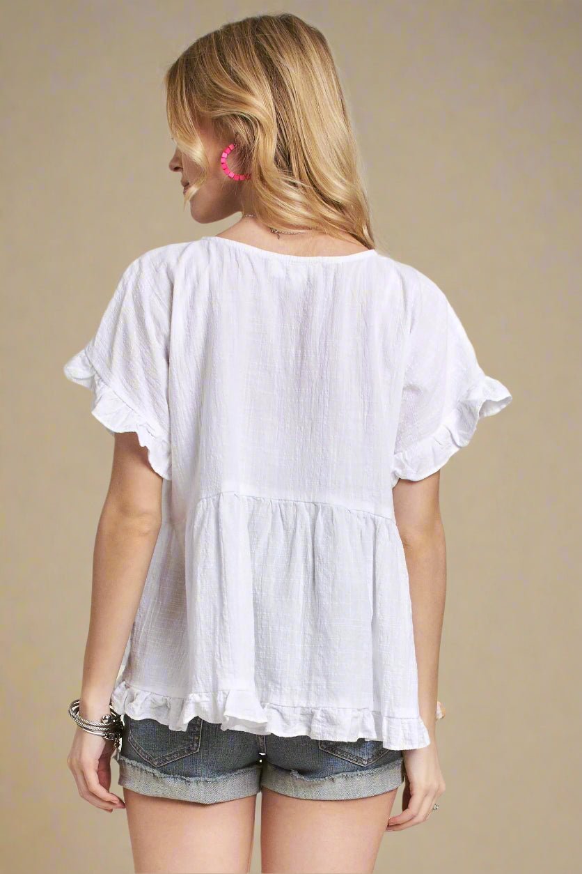 ADORA - Ruffle Sleeve Button Front Gauze Blouse in White