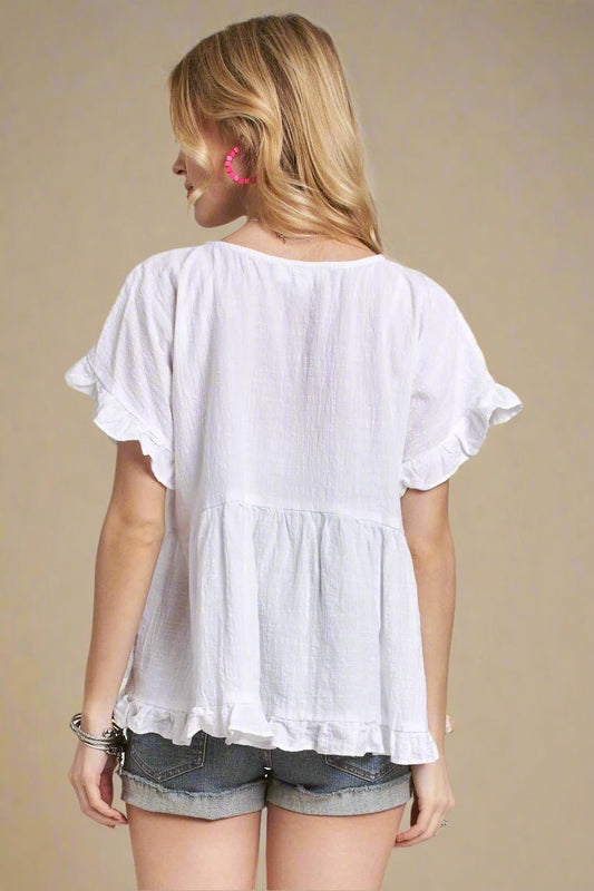 ADORA - Ruffle Sleeve Button Front Gauze Blouse in White