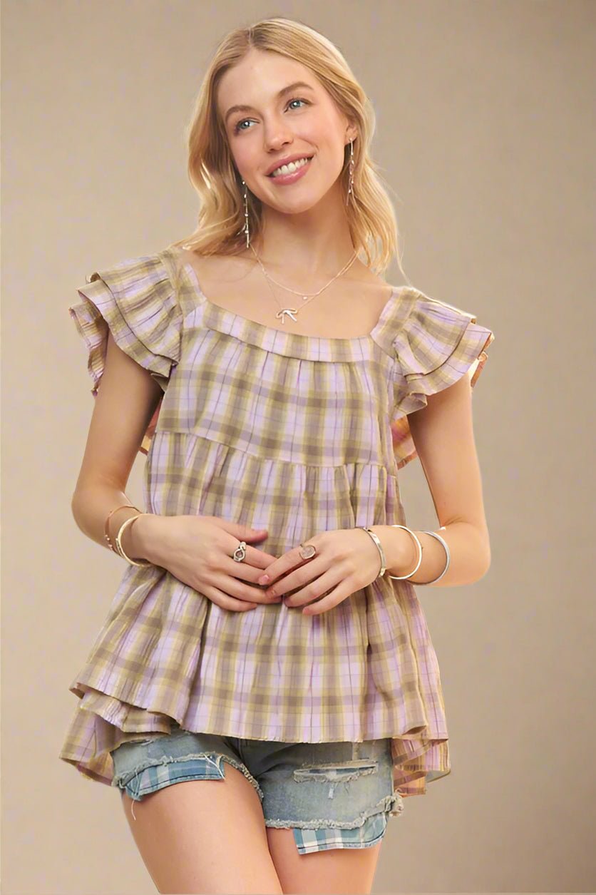 ADORA - Ruffled Cap Sleeve Babydoll Blouse in Lavender