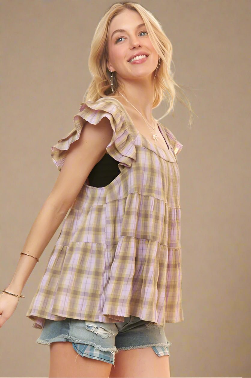 ADORA - Ruffled Cap Sleeve Babydoll Blouse in Lavender