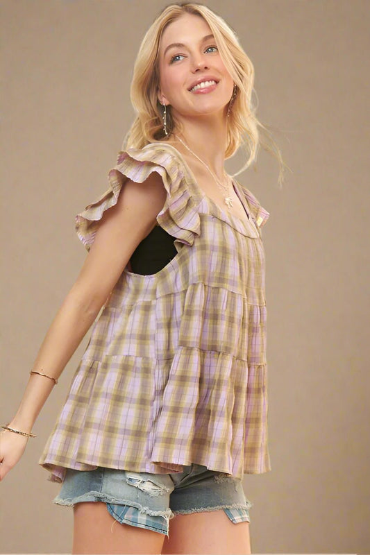 ADORA - Ruffled Cap Sleeve Babydoll Blouse in Lavender