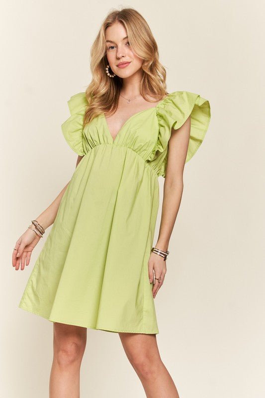 ADORA - Ruffled Cap Sleeve Babydoll Mini Dress in Lime