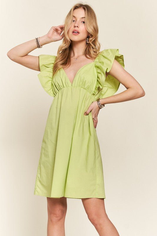 ADORA - Ruffled Cap Sleeve Babydoll Mini Dress in Lime