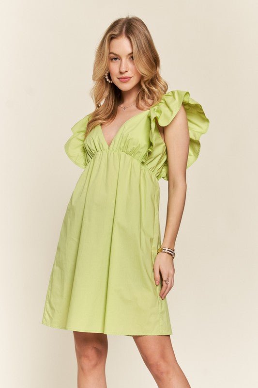 ADORA - Ruffled Cap Sleeve Babydoll Mini Dress in Lime