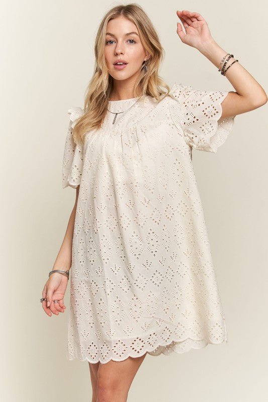 ADORA - Ruffled Eyelet Mini Dress in Natural