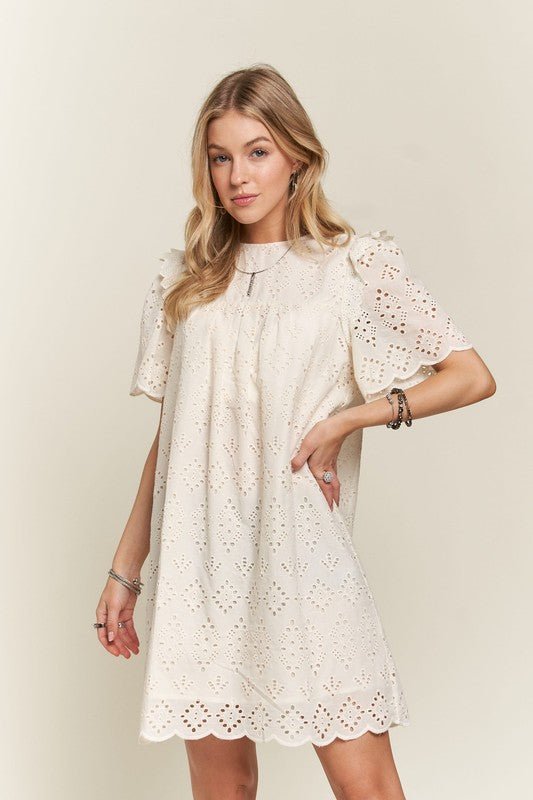 ADORA - Ruffled Eyelet Mini Dress in Natural