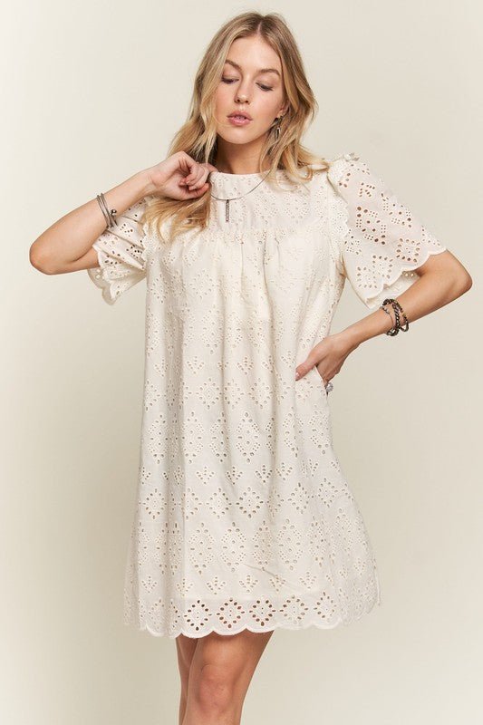 ADORA - Ruffled Eyelet Mini Dress in Natural