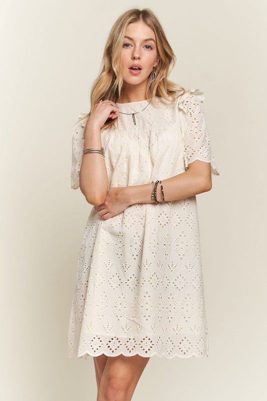 ADORA - Ruffled Eyelet Mini Dress in Natural