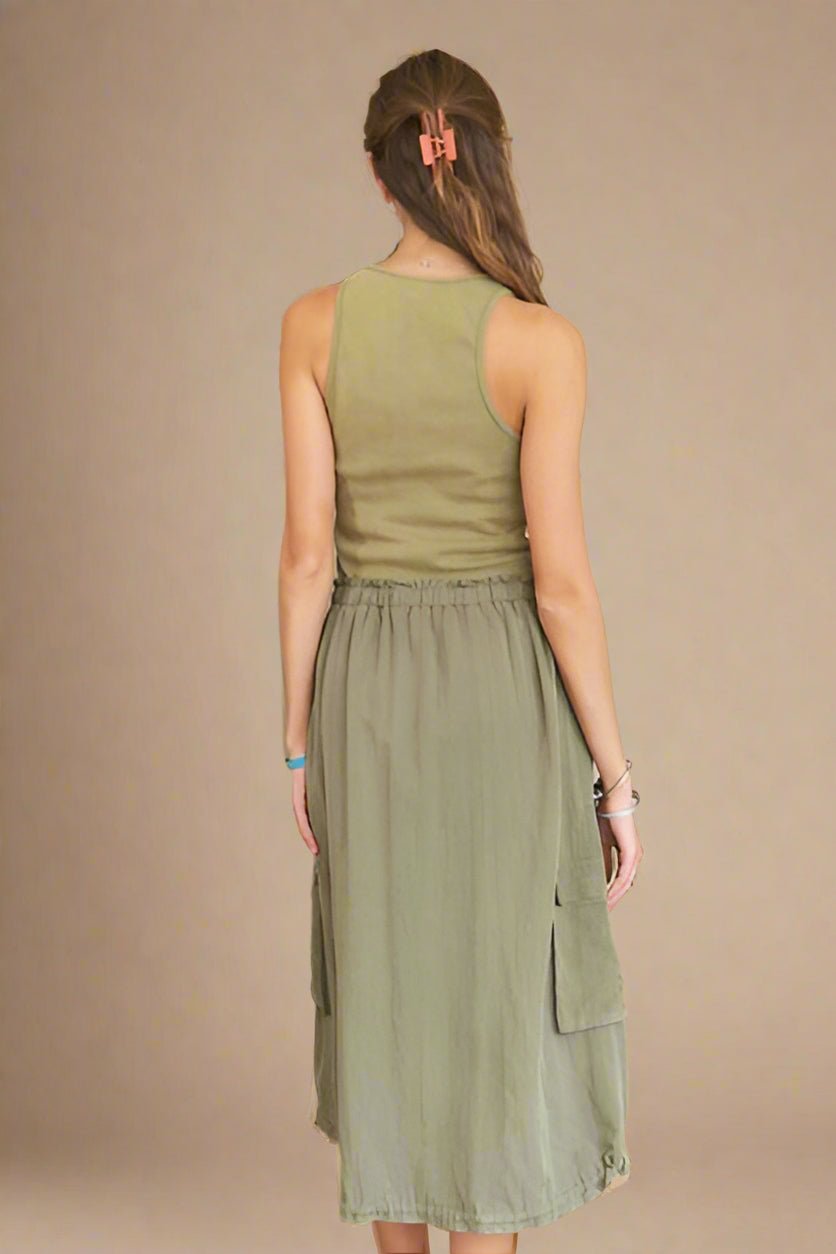 ADORA - Sleeveless Vintage Wash Midi Dress in Light Olive
