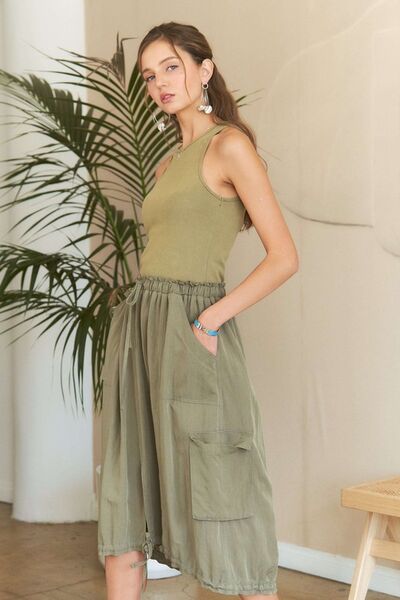 ADORA - Sleeveless Vintage Wash Midi Dress in Light Olive