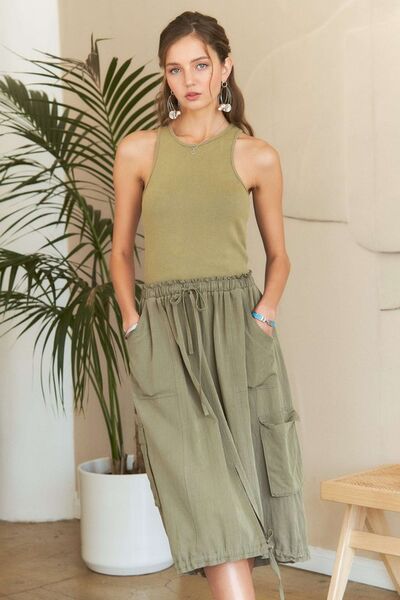 ADORA - Sleeveless Vintage Wash Midi Dress in Light Olive