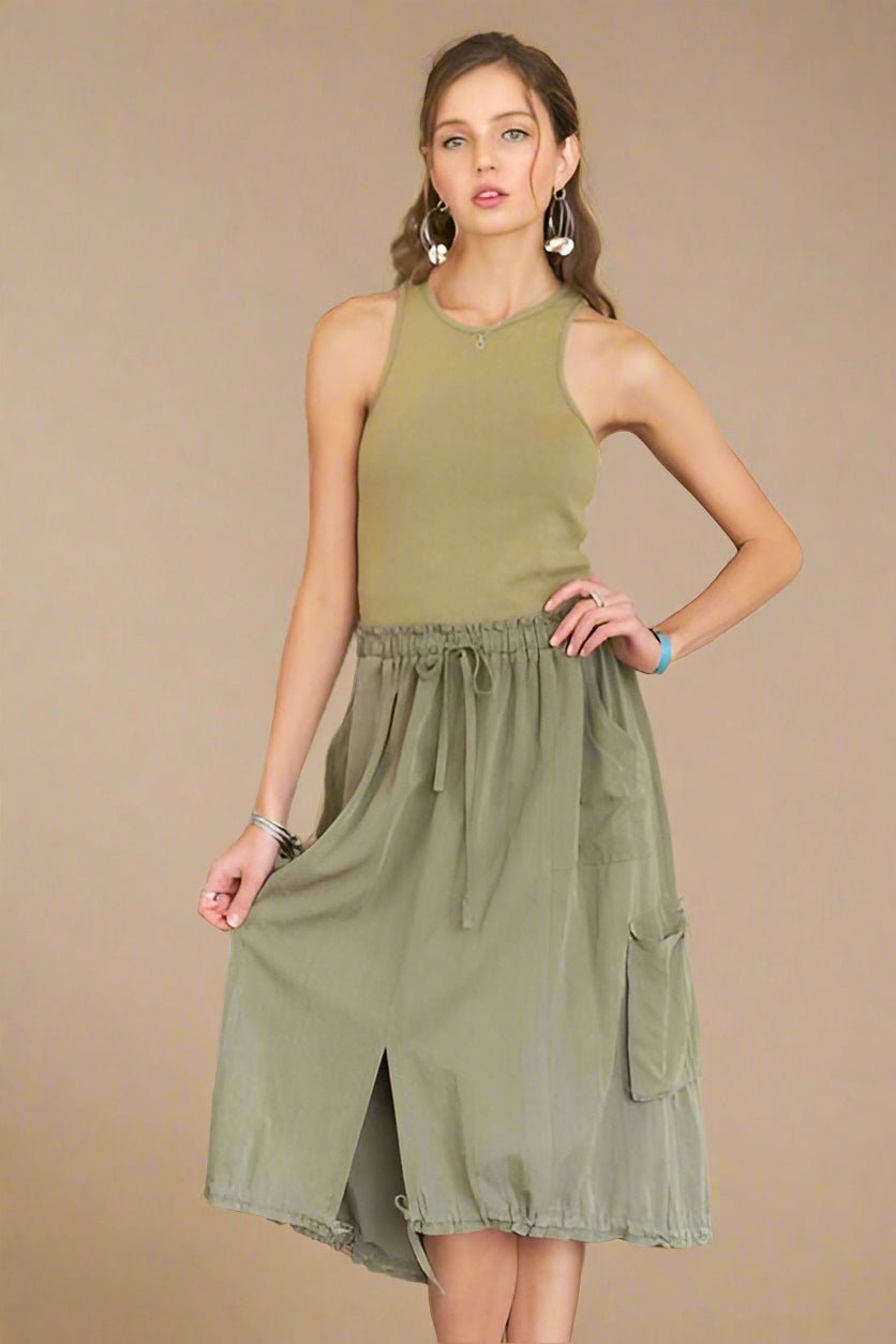 ADORA - Sleeveless Vintage Wash Midi Dress in Light Olive