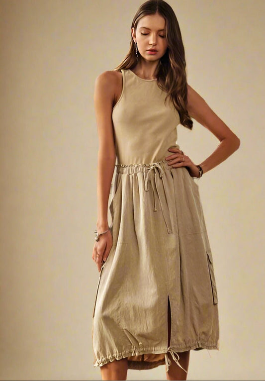 ADORA - Sleeveless Vintage Wash Midi Dress in Tan