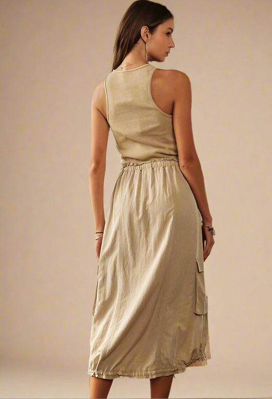 ADORA - Sleeveless Vintage Wash Midi Dress in Tan