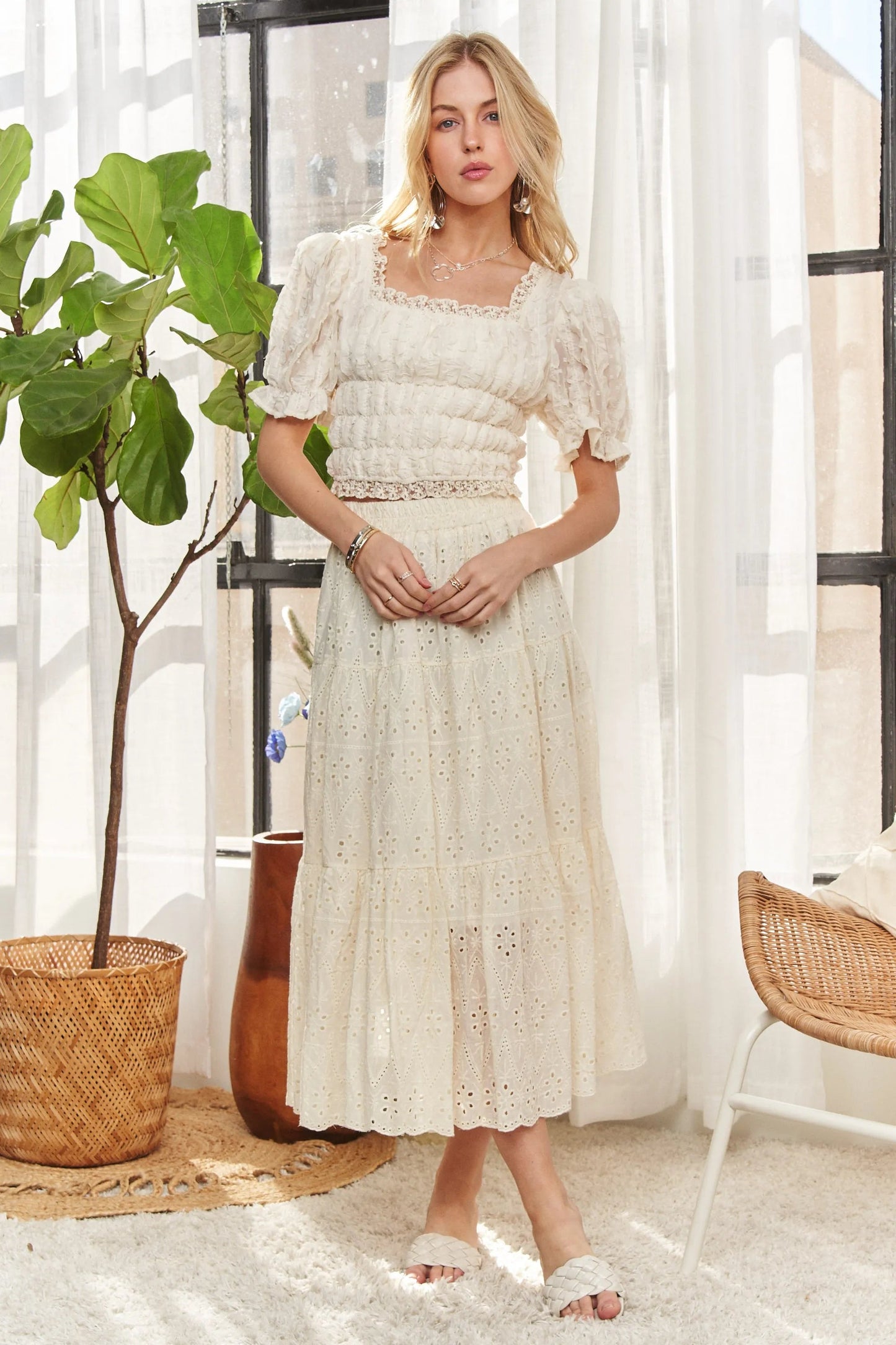 ADORA - Smocked Lace Trim Puff Sleeve Top in Ivory Cream