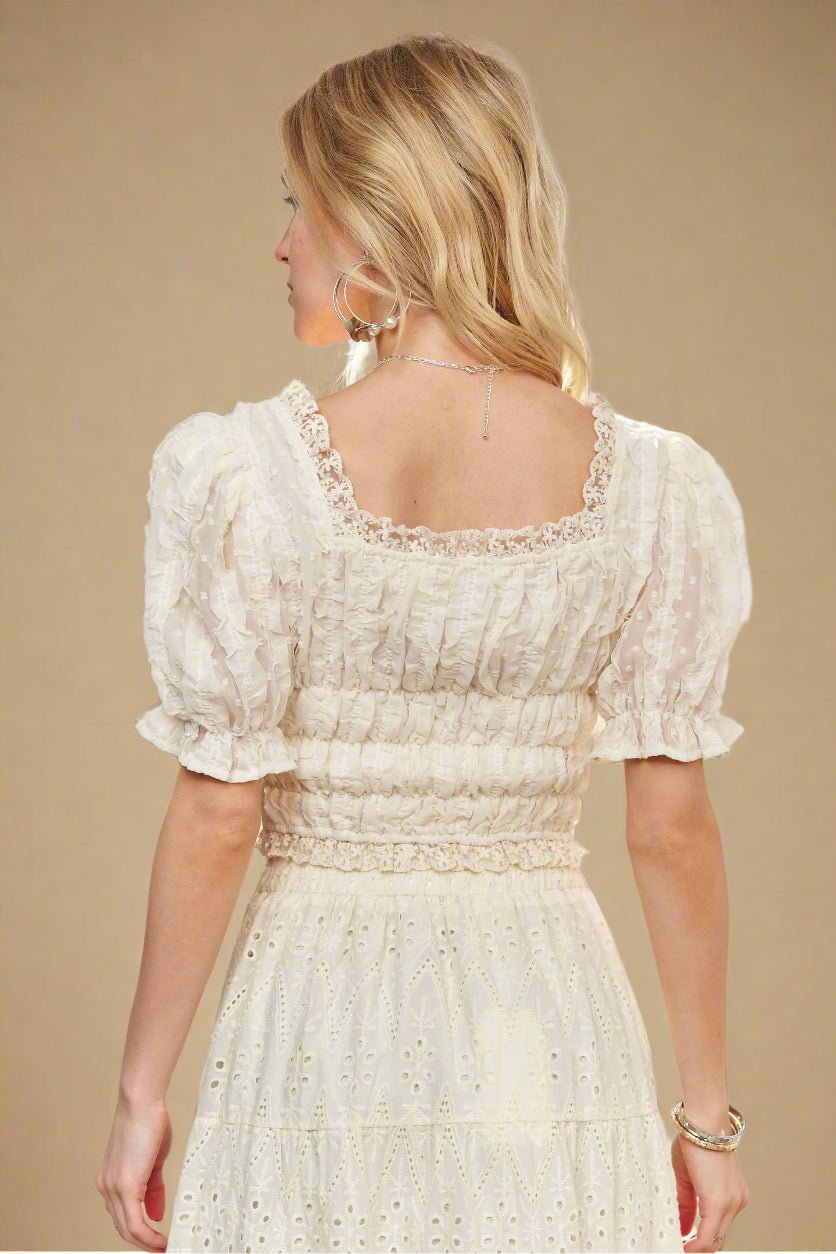 ADORA - Smocked Lace Trim Puff Sleeve Top in Ivory Cream