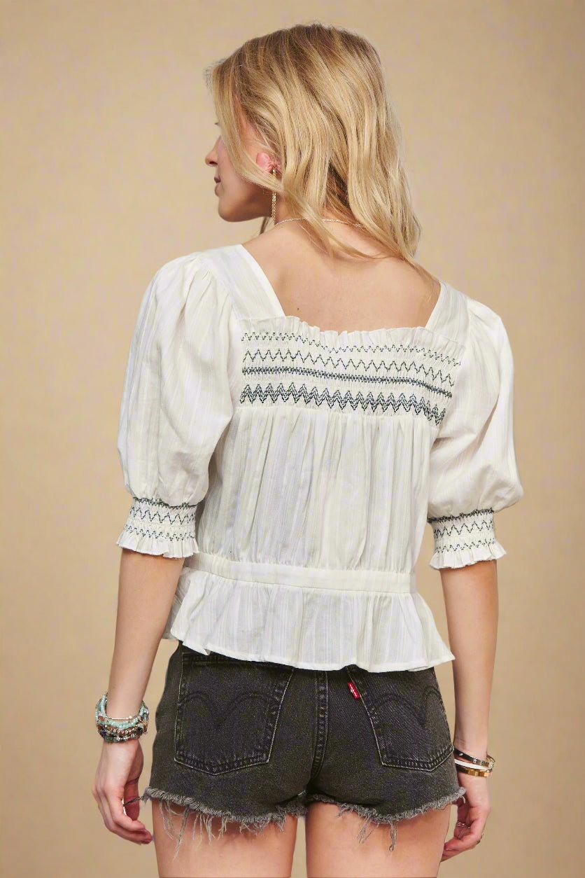 ADORA - Smocked Peplum Button Blouse – Ivory with Black Stitching