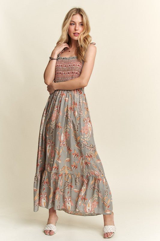 ADORA - Smocked Printed Cami Maxi Dress in Sage