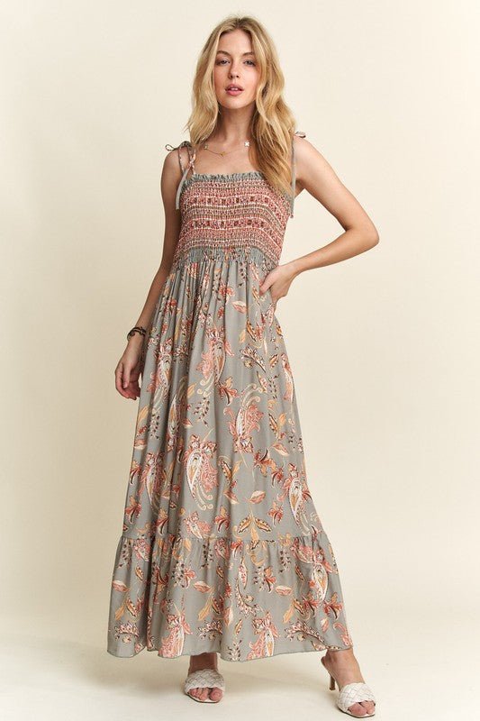 ADORA - Smocked Printed Cami Maxi Dress in Sage