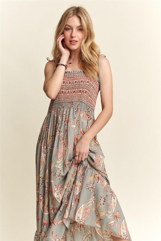 ADORA - Smocked Printed Cami Maxi Dress in Sage