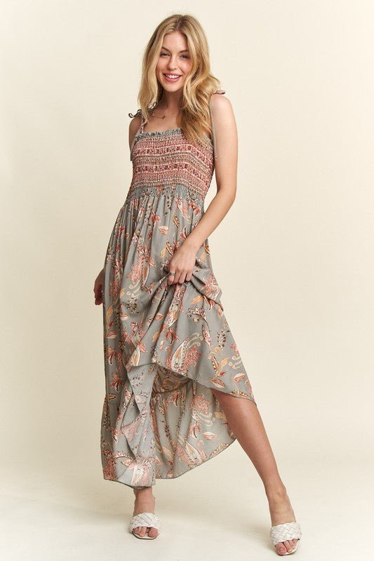 ADORA - Smocked Printed Cami Maxi Dress in Sage