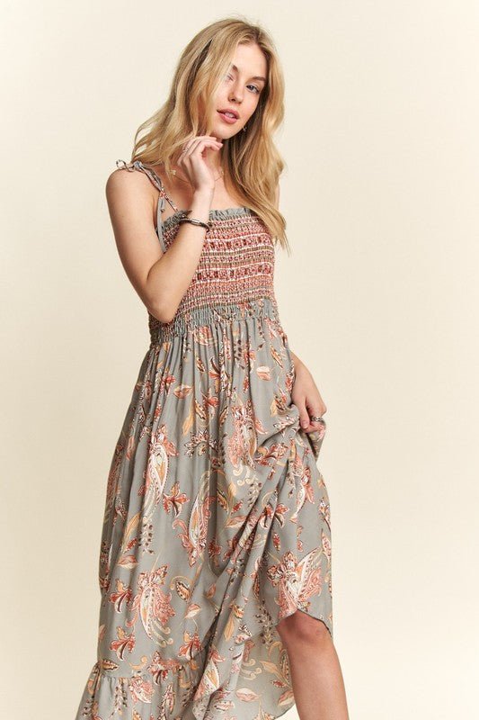 ADORA - Smocked Printed Cami Maxi Dress in Sage