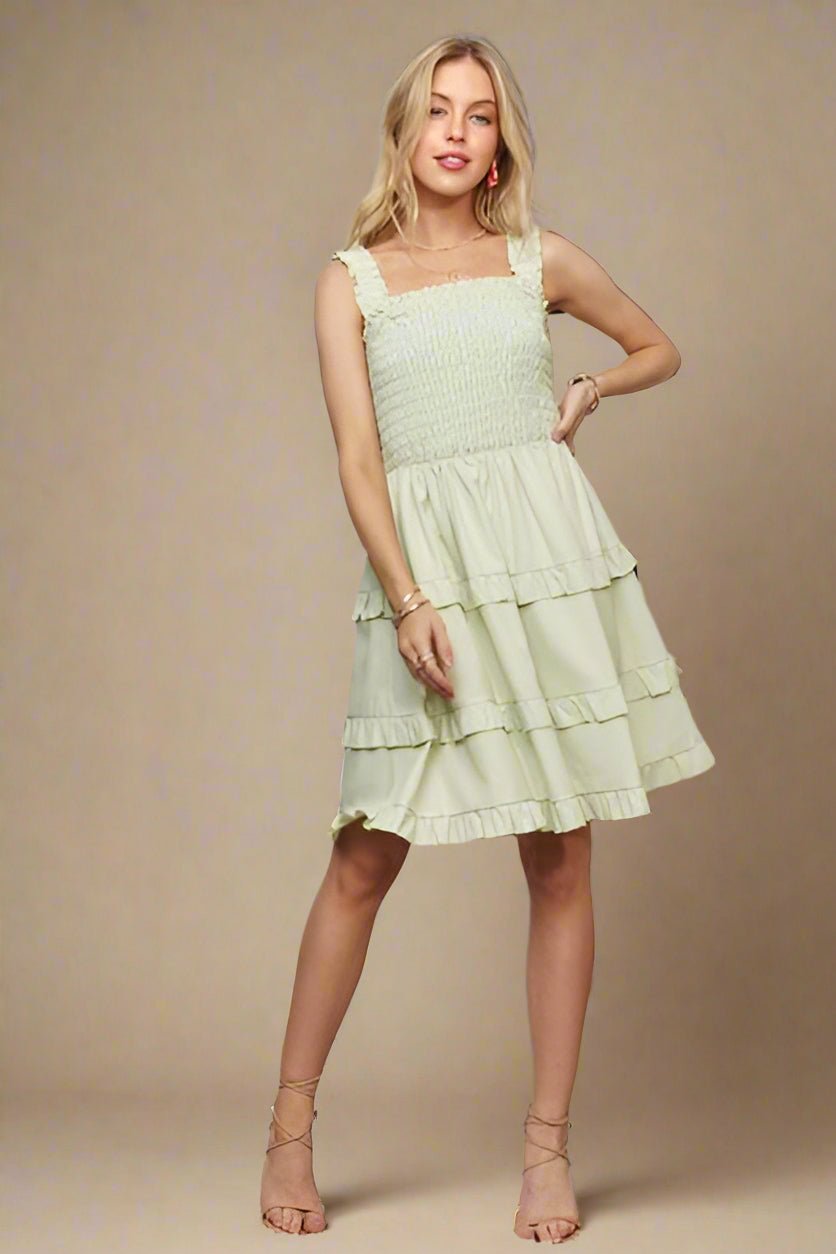 ADORA - Smocked Ruffled Sleeveless Mini Dress in Sage
