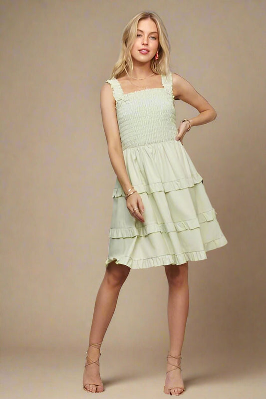 ADORA - Smocked Ruffled Sleeveless Mini Dress in Sage