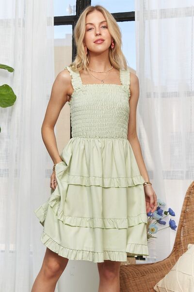 ADORA - Smocked Ruffled Sleeveless Mini Dress in Sage