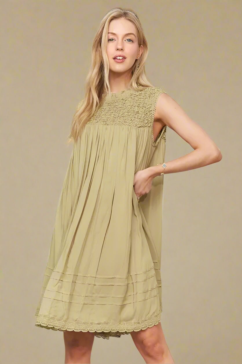 ADORA - Smocked Yoke Babydoll Mini Dress – Soft Olive