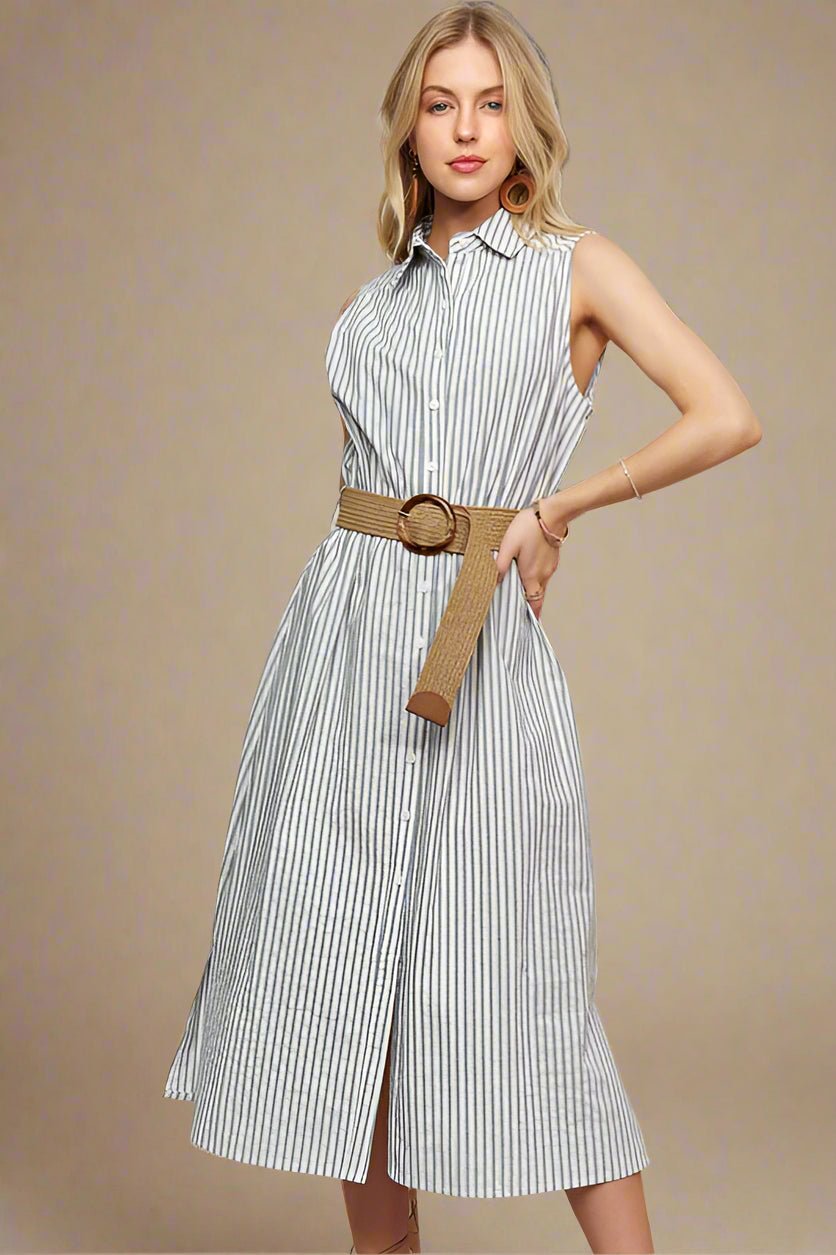 ADORA - Soft Blue Striped Sleeveless Midi Shirt Dress