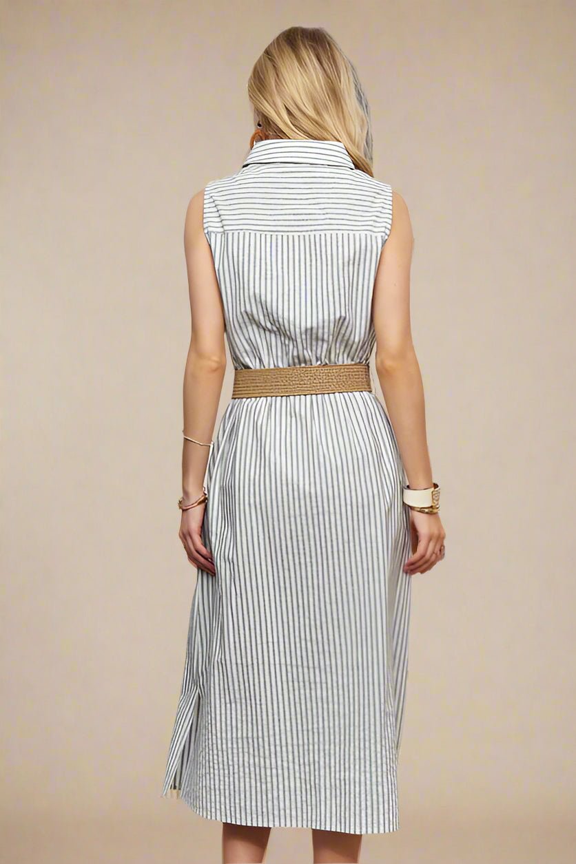 ADORA - Soft Blue Striped Sleeveless Midi Shirt Dress