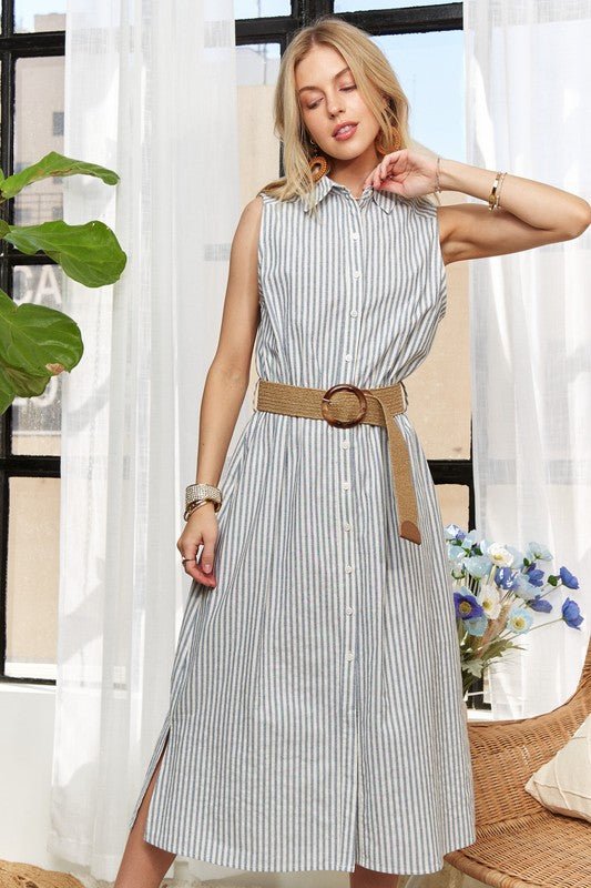 ADORA - Soft Blue Striped Sleeveless Midi Shirt Dress