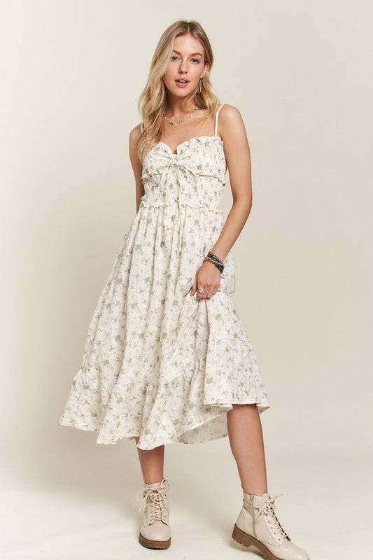 ADORA - Soft Green Floral Smocked Sweetheart Neck Midi Sun Dress