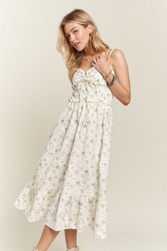 ADORA - Soft Green Floral Smocked Sweetheart Neck Midi Sun Dress