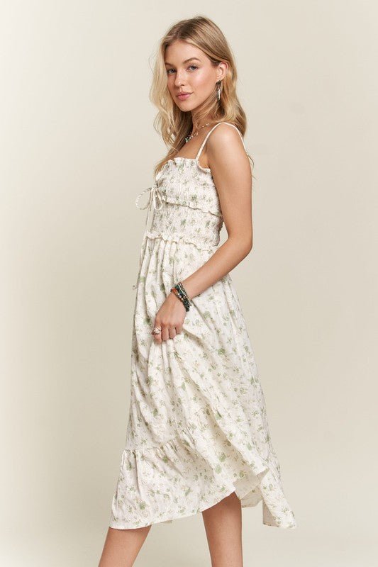 ADORA - Soft Green Floral Smocked Sweetheart Neck Midi Sun Dress
