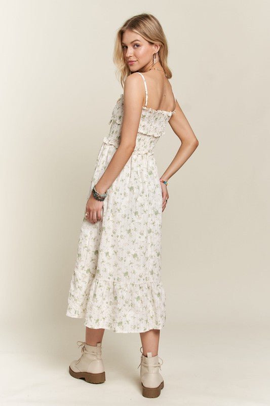 ADORA - Soft Green Floral Smocked Sweetheart Neck Midi Sun Dress
