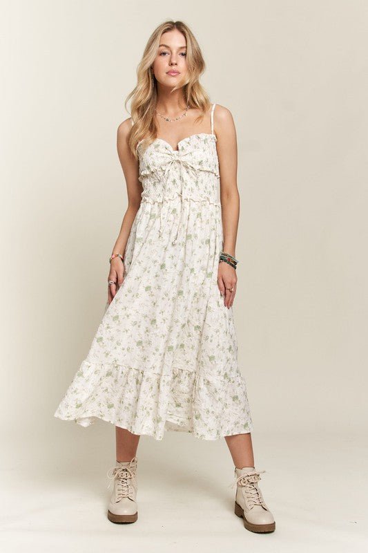 ADORA - Soft Green Floral Smocked Sweetheart Neck Midi Sun Dress