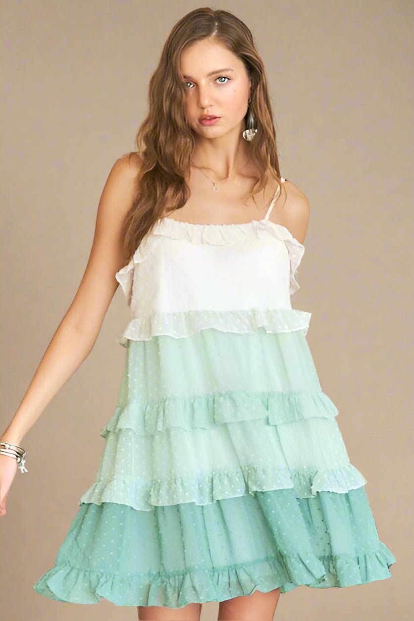 ADORA - Soft Green Swiss Dot Ruffled Tiered Mini Dress