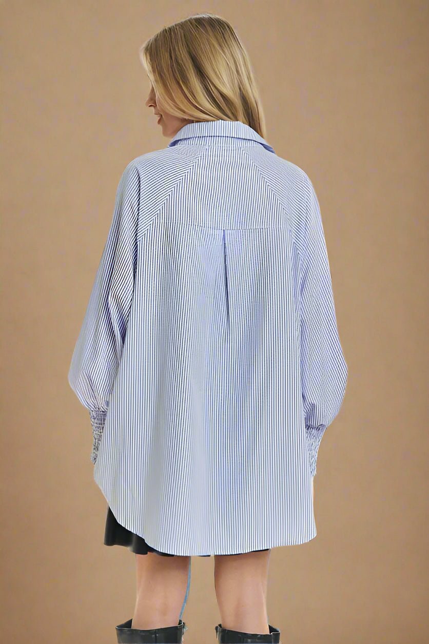 ADORA - Striped High - Low Hem Smocked Cuff Shirt in Chambray