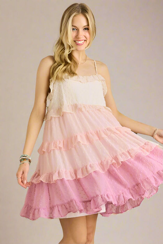 ADORA - Swiss Dot Ruffled Tiered Mini Dress in Mauve