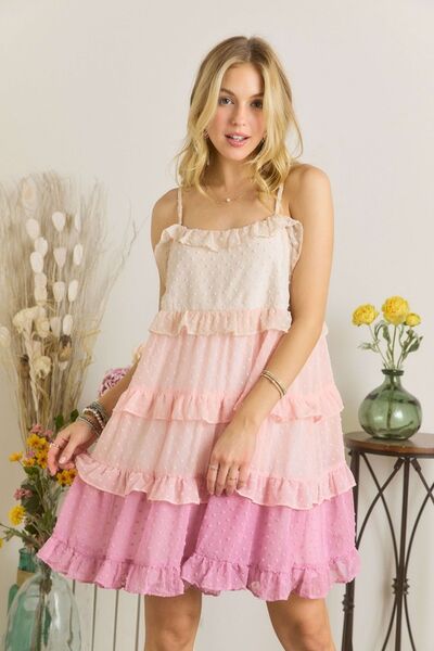 ADORA - Swiss Dot Ruffled Tiered Mini Dress in Mauve